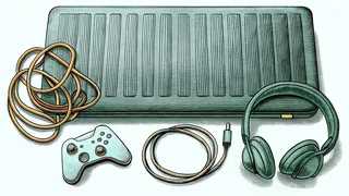 A slim black console with its controller, cables and headset alongside.