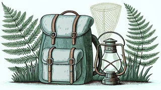 A explorer's backpack and lantern set among forest ferns with a butterfly net.