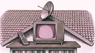 A boxy television with rabbit-ear antennae and a satellite dish sit together on a rooftop near a remote control.