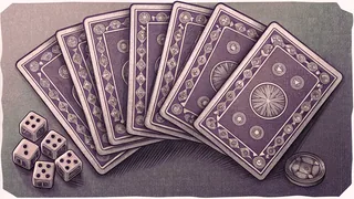 Playing cards and poker chips sit on a green felt surface with dice nearby.