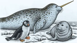 A narwhal, puffin, and seal gather on snowy arctic ice.