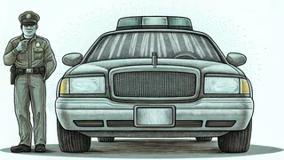 A patrol car with activated emergency lights and a uniformed police officer.