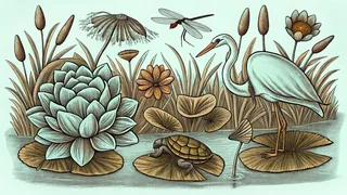 Pond ecosystem teeming with aquatic plants, insects, wading birds, and amphibians.