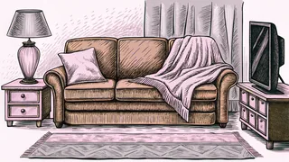 A cozy living room shows a plush sofa with throw blankets and a side table lamp.