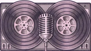 A vinyl record with a spoked metal centre, beside a chrome microphone.