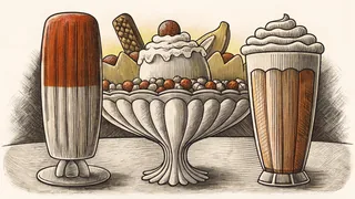 A melting rainbow popsicle rests beside a towering banana split sundae.