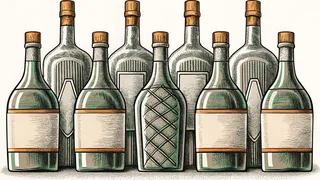 An assortment of liquor bottles arranged behind a polished wooden bar.