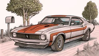 A classic muscle car with bold racing stripes cruises on a country road beside a rustic mailbox.