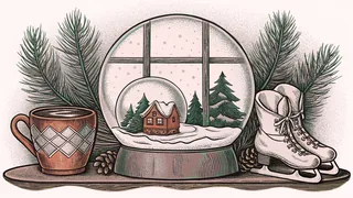 A snow globe and ice skates rest on a cozy windowsill with a warm beverage.