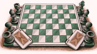 A wooden chessboard with carved pieces sits beside a deck of cards on a polished table.