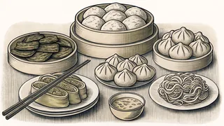 Chinese dishes including dumplings and noodles served.