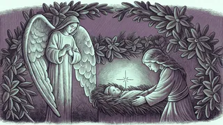 Christmas-inspired names and symbols arranged decoratively with angels, holly, and nativity elements.