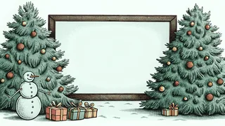 A twinkling Christmas tree surrounded by a snowman and gift-wrapped presents.