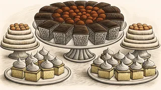An assortment of decadent desserts including brownies, cupcakes, and ice cream.