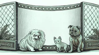 Various dog breeds playing together including a bulldog, pomeranian, and chihuahua.