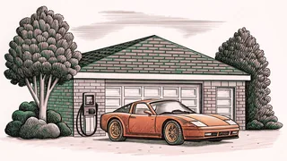 A luxury sports car sits beside a brick garage with a retro fuel pump standing at the entrance.