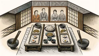 Japanese dishes including sushi and ramen on porcelain.