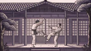 Two martial artists practicing in a dojo during an intense sparring session.