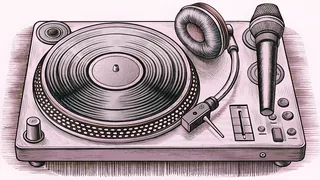 A turntable, headphones, and microphone sit ready in a professional recording studio.