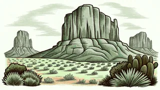 Red rock formations pierce a vast desert valley at sunset.