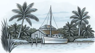A sailfish leaps from waters near a marina with mangrove islands and palm trees