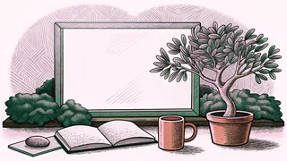 A sunlit desk corner holds a small potted seedling, a smooth stone and a warm mug.