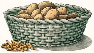 A wicker basket of russet potatoes beside a pile of golden fries and crispy wedges.