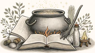 A witch's potion-brewing station with bubbling cauldrons and magical ingredients.