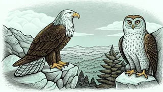 A bald eagle and barn owl roost on windswept clifftops above misty valleys.