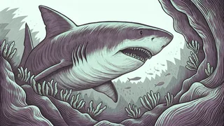 A giant prehistoric shark circling above a long-necked sea reptile in a deep ocean trench, in emerald green.
