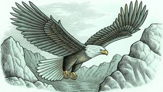 A giant prehistoric eagle soars over windswept cliffs with outstretched talons.