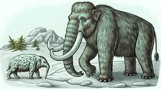A saber-toothed cat prowls near a towering woolly mammoth in an ice age landscape.