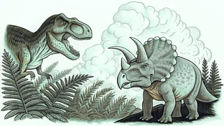 A T-Rex faces off against a horned Triceratops among ancient ferns and mist.
