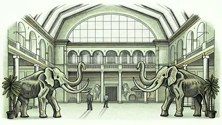 Prehistoric mammal skeleton models displayed in a museum.
