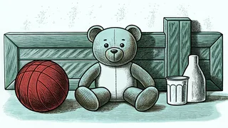A playroom floor with a teddy bear, a red ball, a small shoe and a cup of milk.