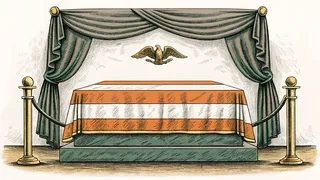 A folded ceremonial flag rests on polished wood beside a brass eagle and a velvet rope.