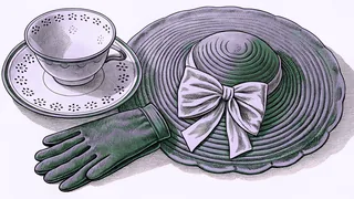 A wide-brimmed straw hat with a bow sits beside a porcelain teacup and saucer and a single glove.