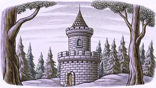 A medieval castle tower overlooks a fantasy forest of ancient trees.