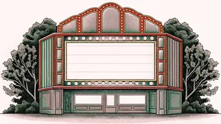 An elegant theater marquee and unmarked ticket booth are lit by warm cinema lobby lighting.