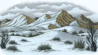 A sweeping desert landscape with golden dunes and distant rock formations.