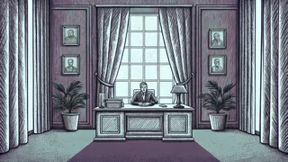 A professional desk with plants and framed awards represents sound management principles.