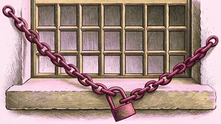 Heavy chains and a padlock rest against cold concrete and steel prison bars.