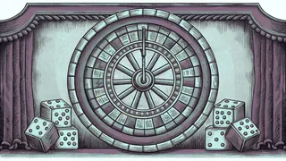 Spinning probability wheel with colored sections, dice, and statistics chart