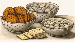 Processed convenience foods arrange on a pantry shelf.