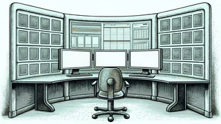 A coding workspace with multiple computer monitors and a mechanical keyboard.