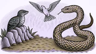 A colorful gopher and python snake encounter a swift bird soaring over digital terrain.