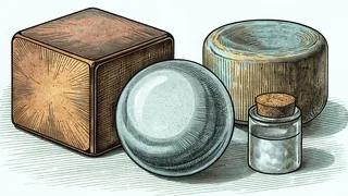 A copper cube, a clear glass marble and a cork stopper arranged in a row.