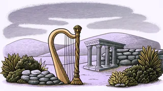 Beside a shepherd's staff rests a harp in a peaceful sanctuary