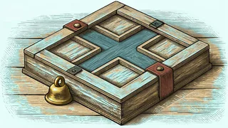 A wooden interlocking puzzle box beside a small brass bell on an oak surface.