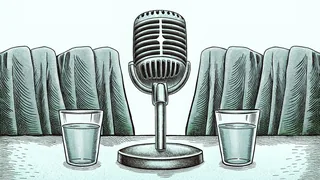 A chrome microphone between two tall glasses of water, against a heavy curtain.